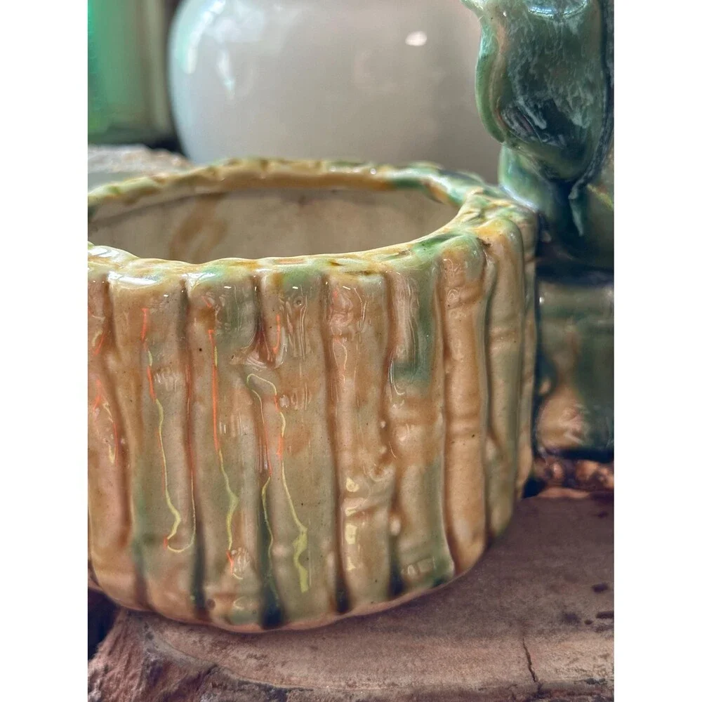 Vintage Ceramic Elephant Planter | Green Glazed Elephant & Bamboo Pot | Boho Jun